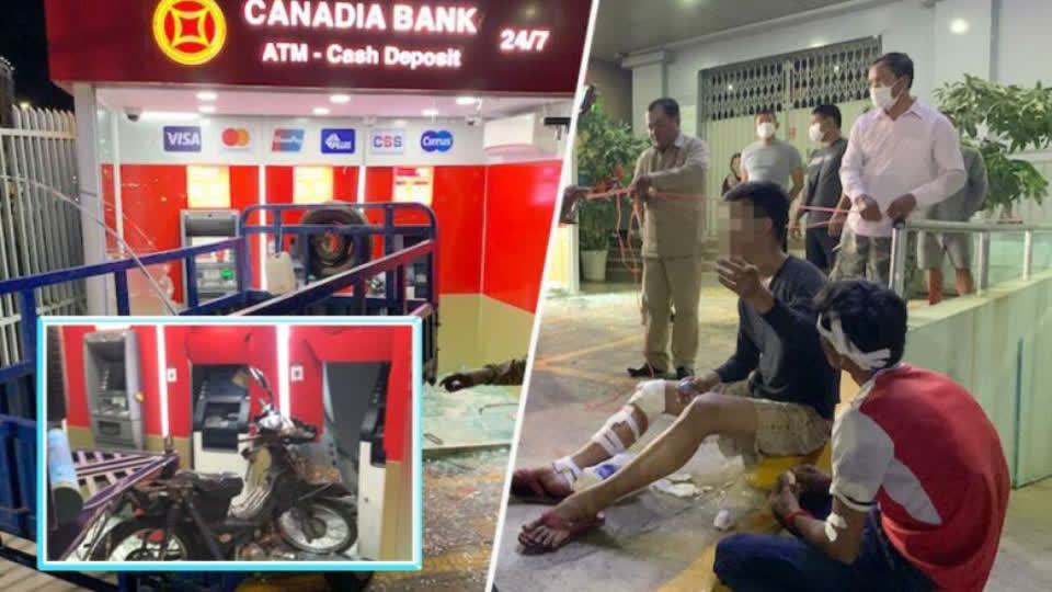 金边两名男子骑车不慎撞到ATM机，造成20万美元损失！