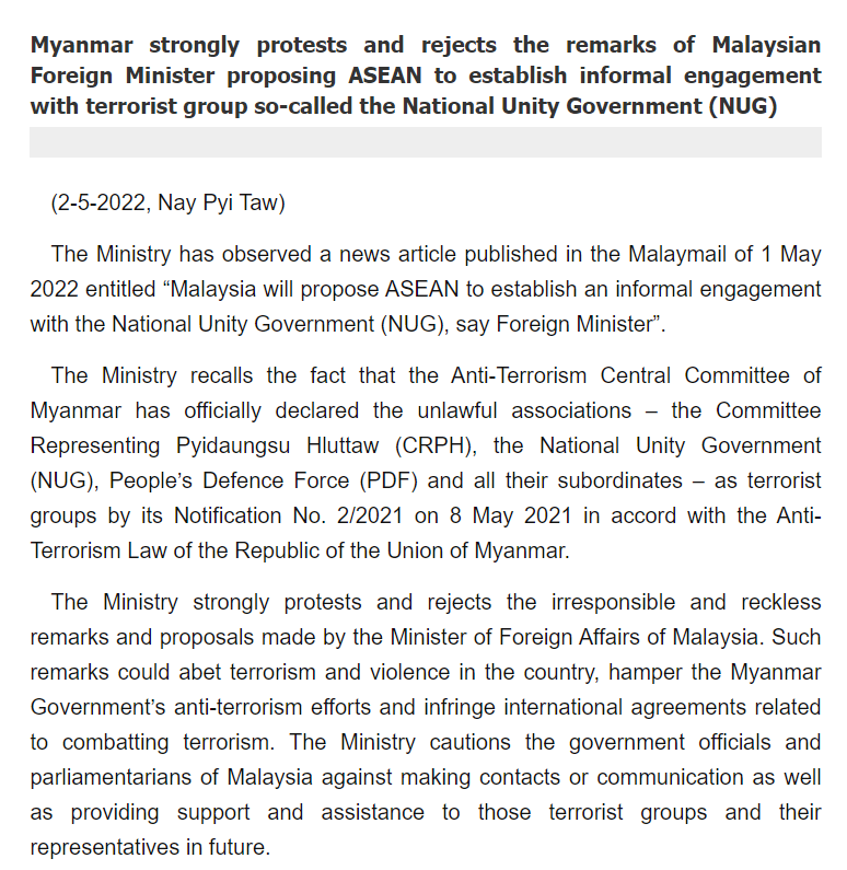 缅甸强烈拒绝马来西亚外长关于东盟与 NUG 开展非正式接触的提议