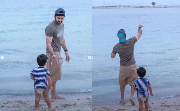 迪拜王储哈姆丹分享海边带娃照片