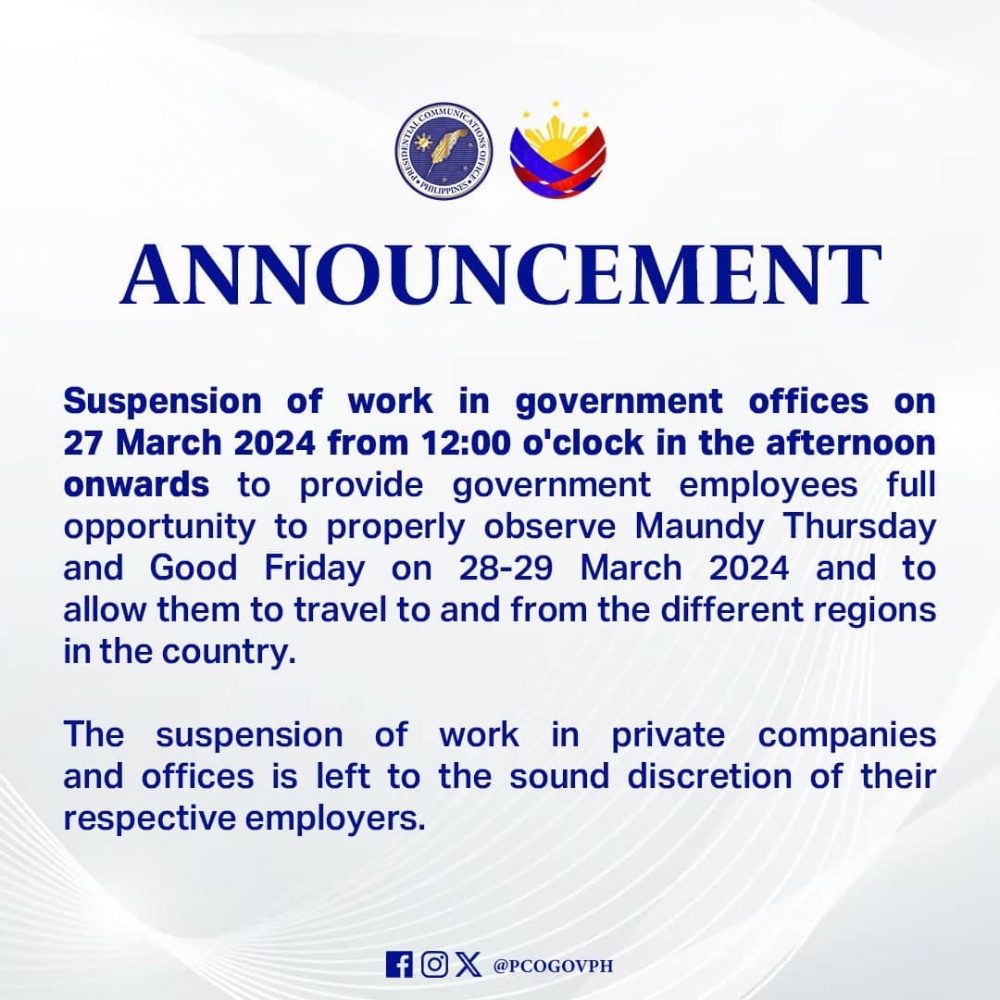 27日(周三)菲律宾政府只工作半日